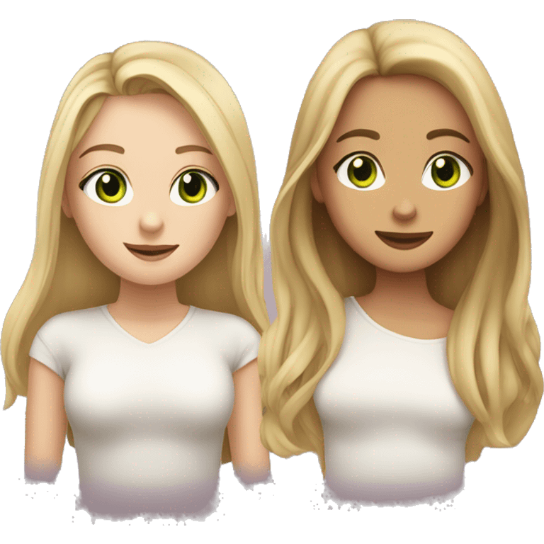 Green eyed girl with long blonde hair and girl with brown shoulderlength hair and brown eyes in love emoji