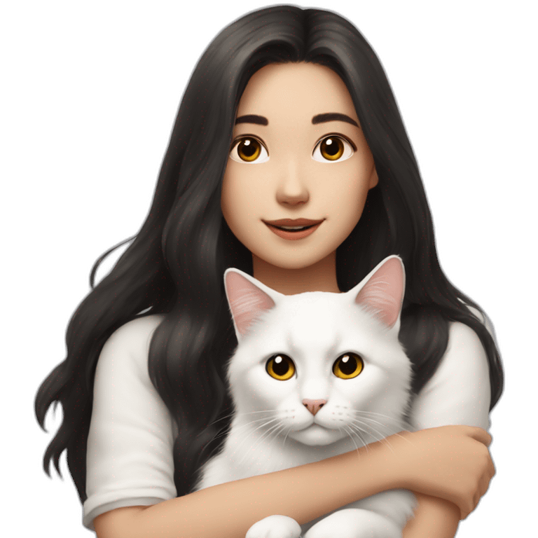 A girl with long dark hair and a white fluffy cat is lying on her right shoulder emoji