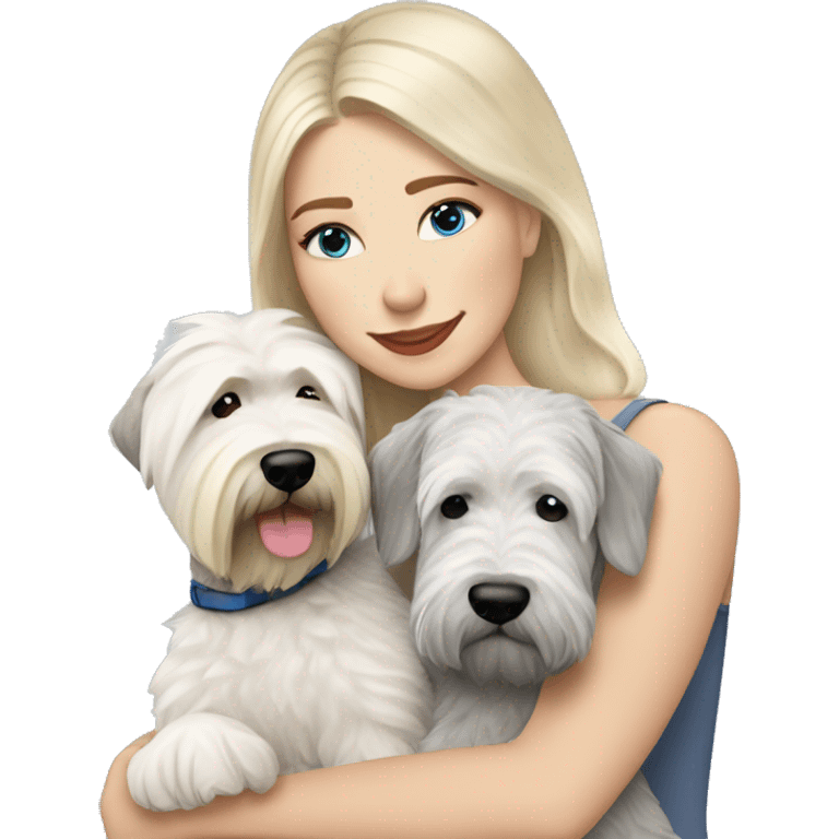 pretty woman blonde hair blue eyes hugging a white and gray soft coated wheaten terrier dog emoji