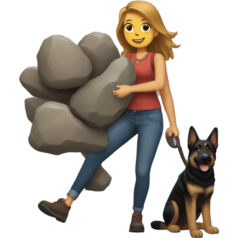 Lindsay carrying 3 rocks walking with one german shepherd that has a big limb in its mouth  emoji