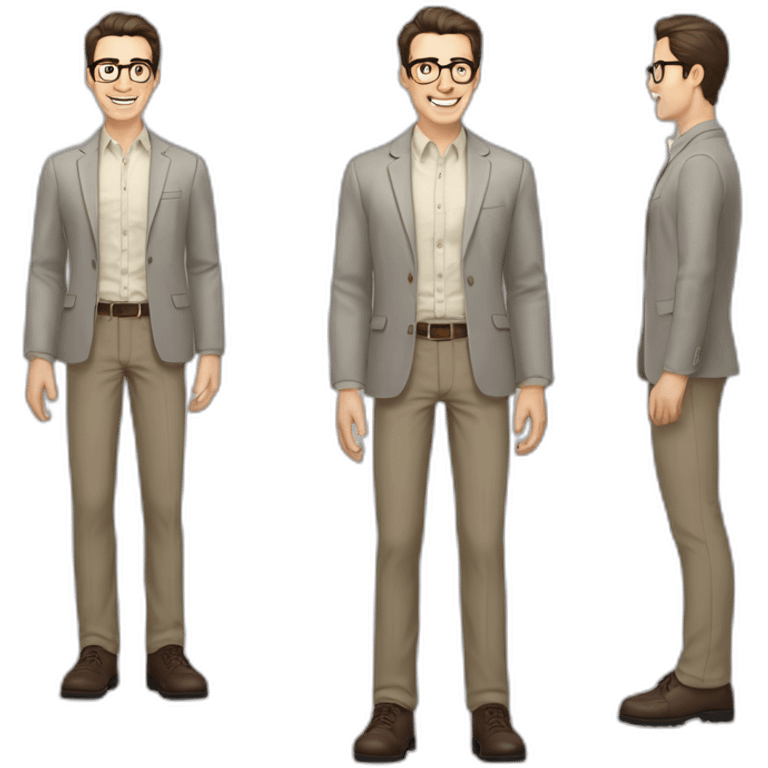 Joyful Full height Pale skinned Fit Man With dark brown hair in gray jacket, beige office shirt, Brown pants and vintage glasses. His thrumbs up emoji