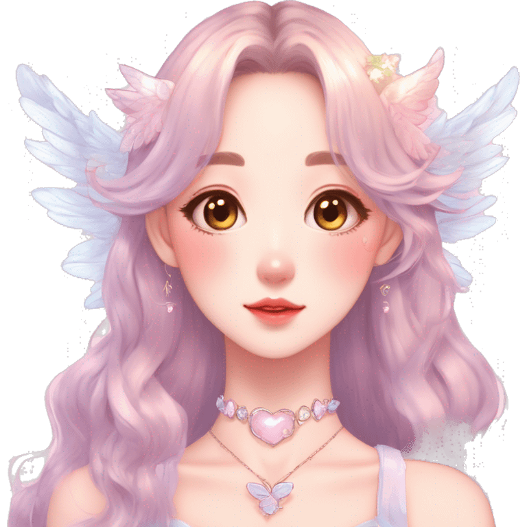 Gorgeous pastel anime style lady with blushing face and angel wings necklace cottagecore fairycore pastelcore colorful pearly romantic simplistic aesthetic trending style emoji