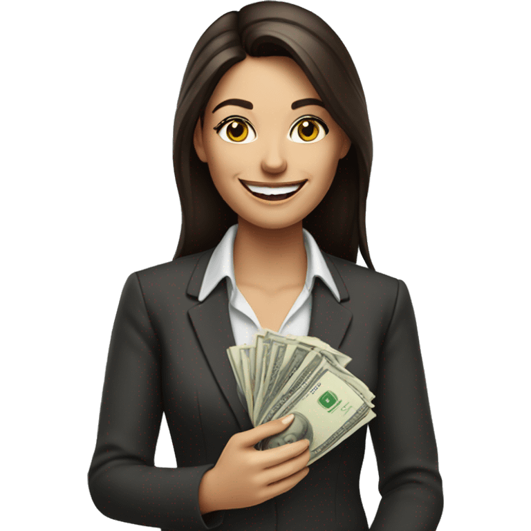 brunette business woman with money in her hand, smiling emoji