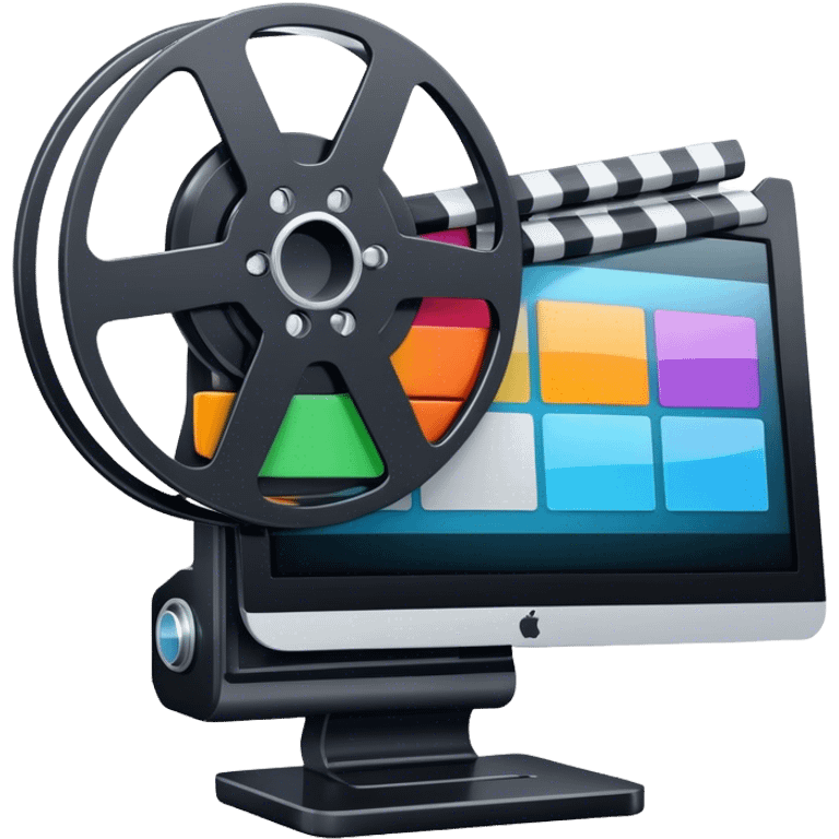 Create a vibrant and modern icon representing Animation and Motion Design, featuring elements like a film reel, a computer screen, dynamic motion lines, and a cinematographic film strip on an editing table. The design should be colorful, and dynamic, without any emojis. The background's transparent. emoji