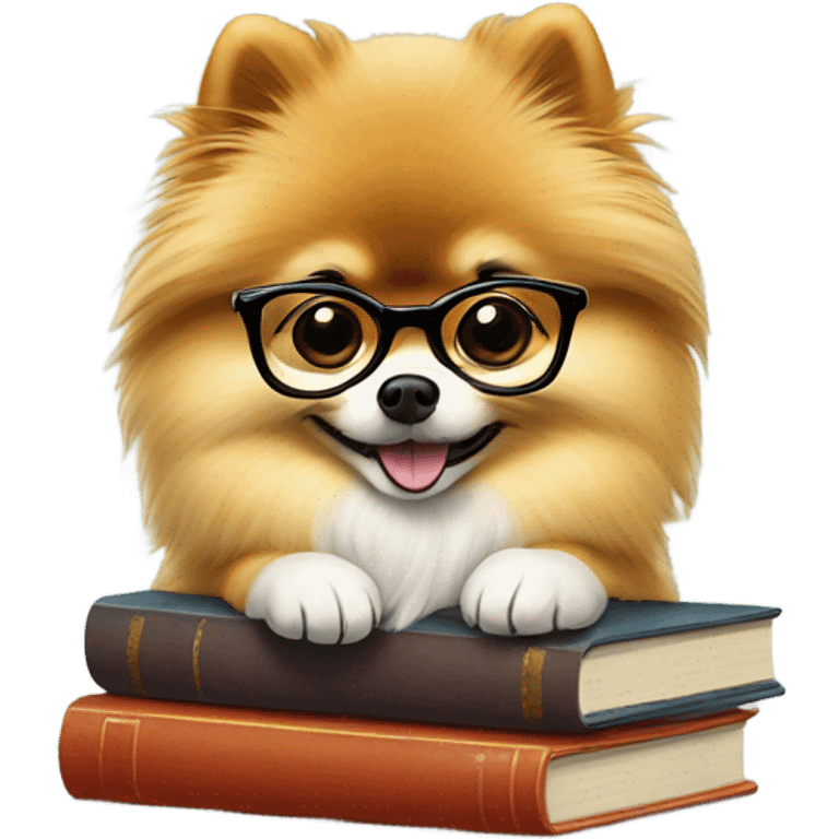 Clever Pomeranian  in glasses with books emoji