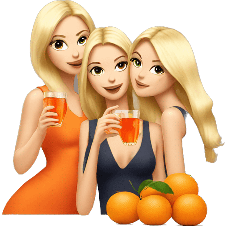 Three beautiful blond girls drinking aperol sitting on oranges emoji