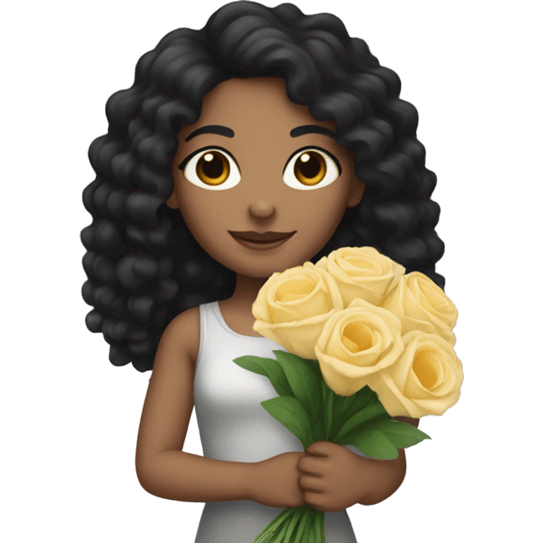 A light skinned girl with black curly hair holding a bouquet  emoji