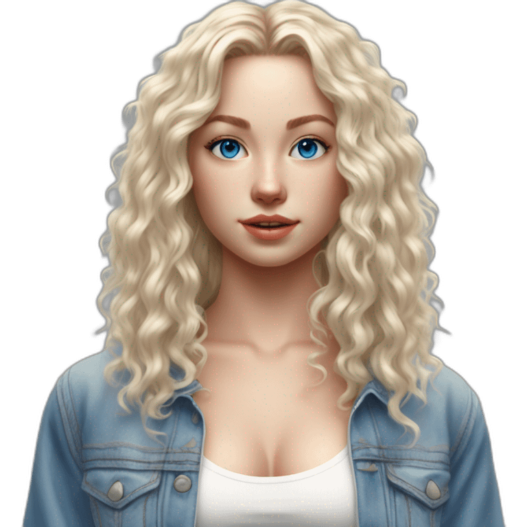 hyperrealist white long curly blonde hair blue eyes girl with white sports bra tight jean short shorts and sneakers facing towards camera emoji