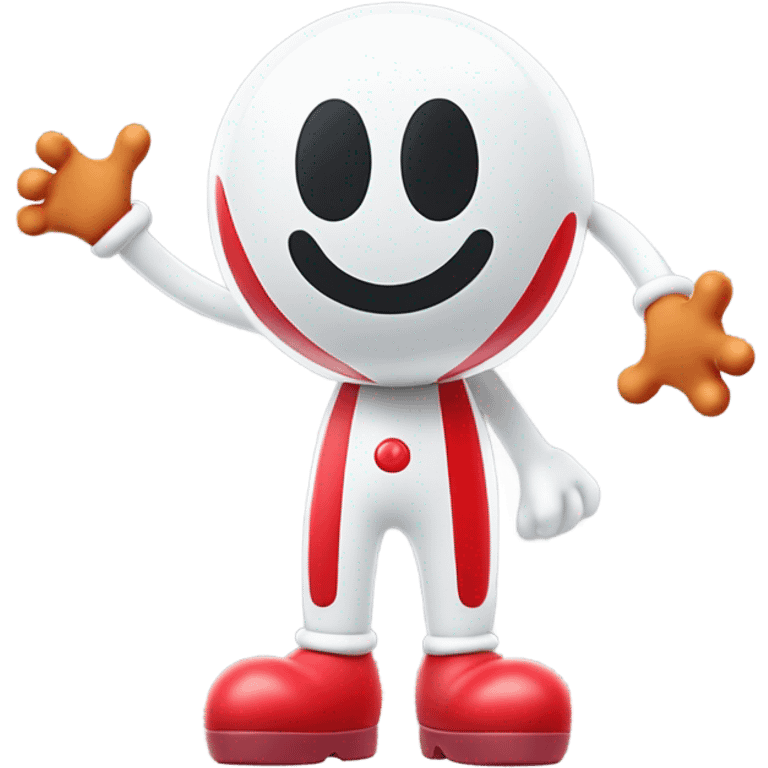 Very shiny full body character with pill capsule head with puffy body and welcoming waving Mickey Mouse arms braun Japanese inspired Anpanman with big boots and antennae red and white colors only emoji