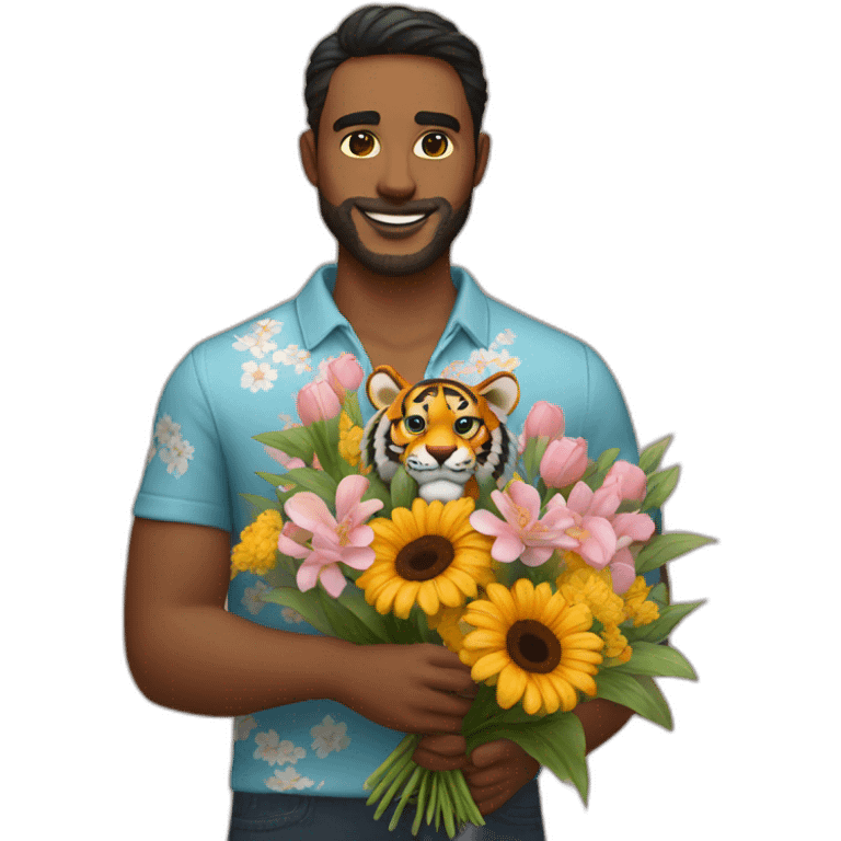 Tiger-man-with-a-Napoli-shirt-and-a-flowers-bouquet-in-his-hands emoji