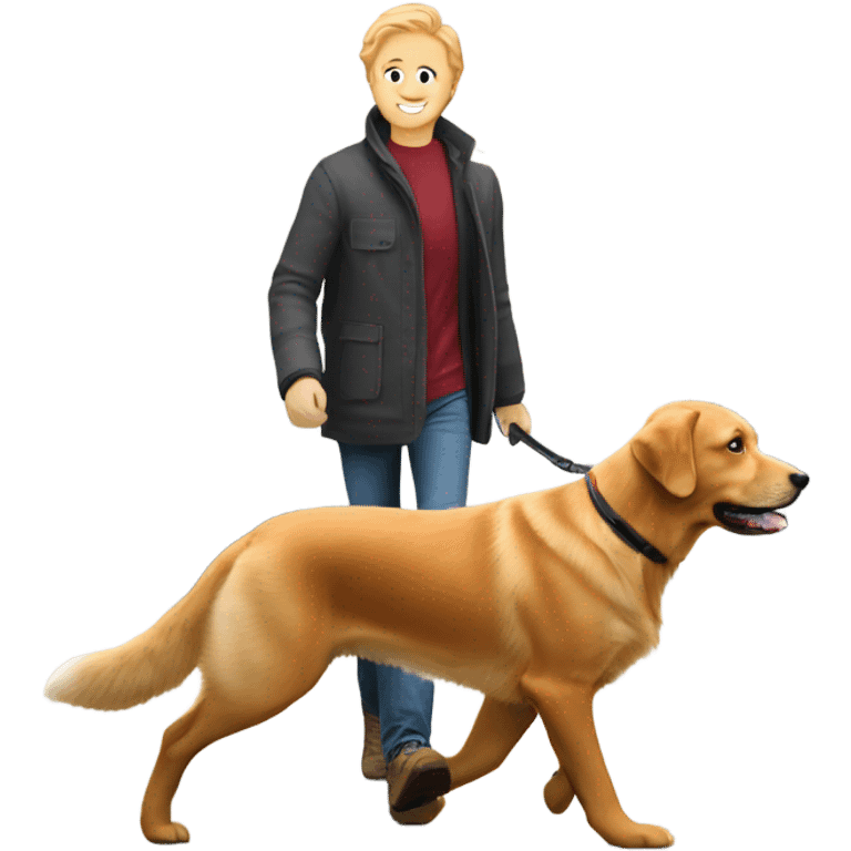 man walking fox red Labrador and woman walking English cream retriever emoji