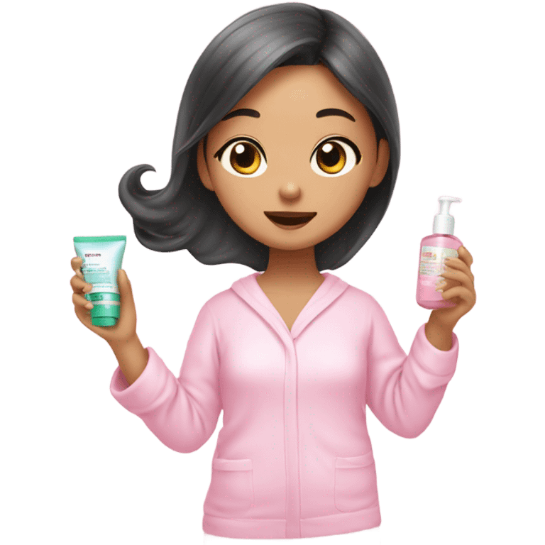 angelic asian girl doing skin care in pink pajamas emoji