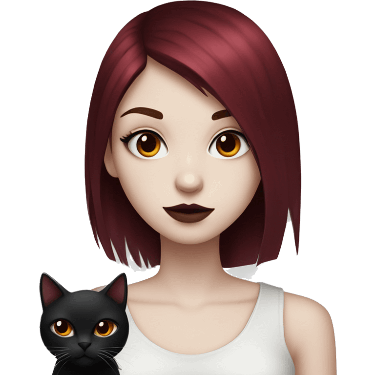 Pale girl with black eyeshadow and burgundy red colored hair with an emo haircut that’s long and layered holding a black cat emoji