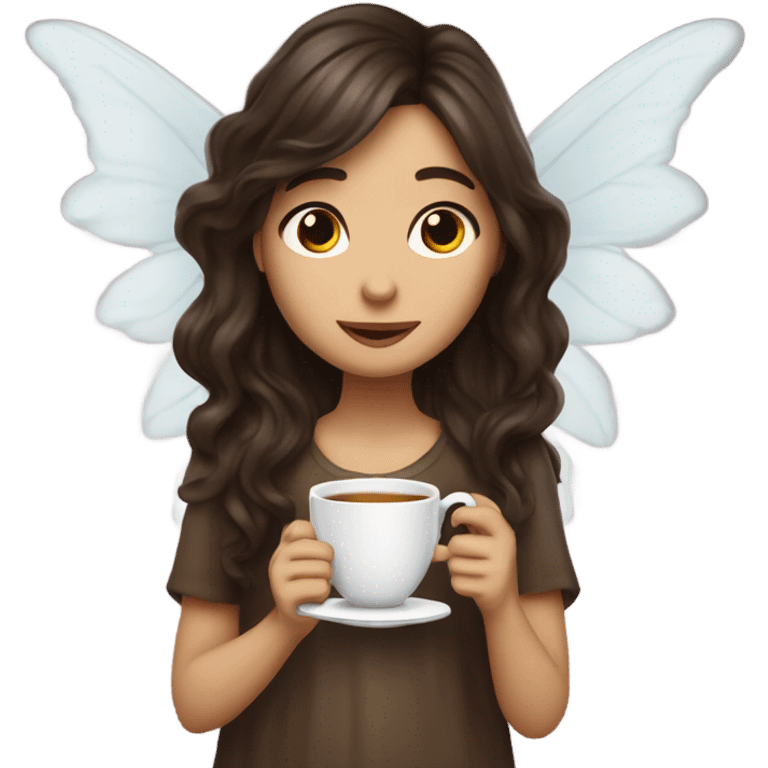 Fairy with long dark brown wavy hair dj-ing and drinking tea with long angel wings emoji