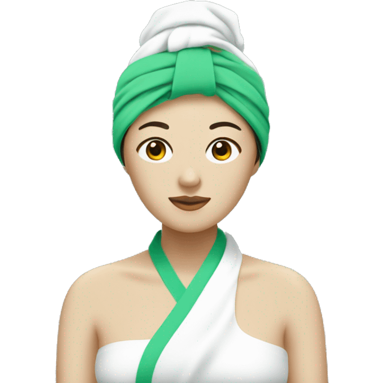 Asian woman wearing towel and towel in her head and a beauty green mask emoji