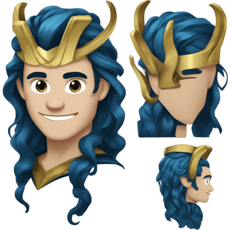 Loki (Tom Hiddleston) from Thor 1, with blue skin, darker blue veins that looks like runes , a horned Gold crown, and medium-length wavy black hair. emoji