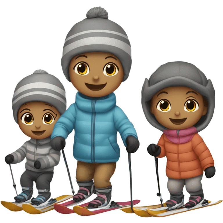 Infant skiing with its family of five, and one grey striped cat emoji