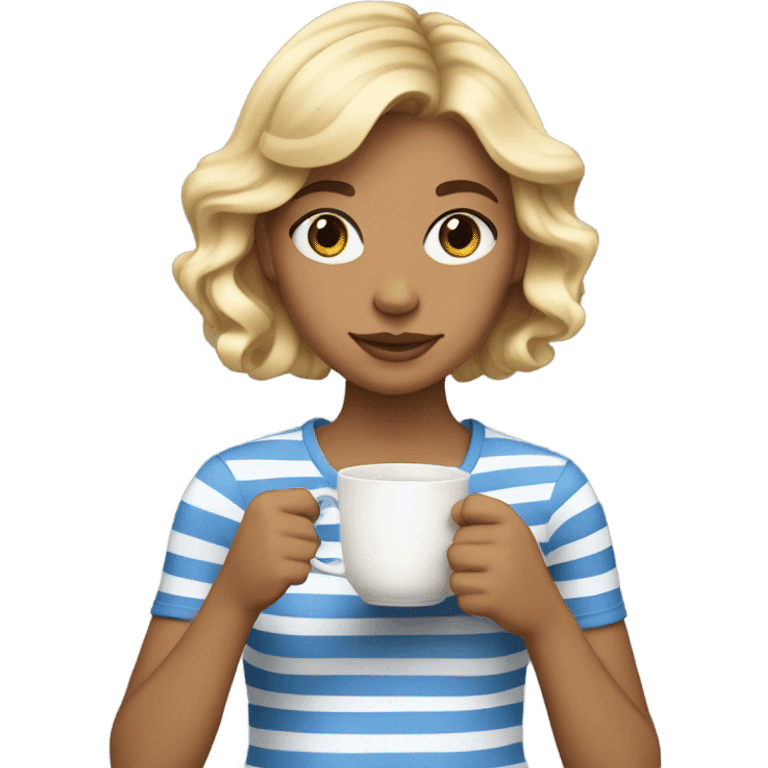 Blond girl with bangs and wavy hair, in her 20s in a striped shirt drinking tea emoji