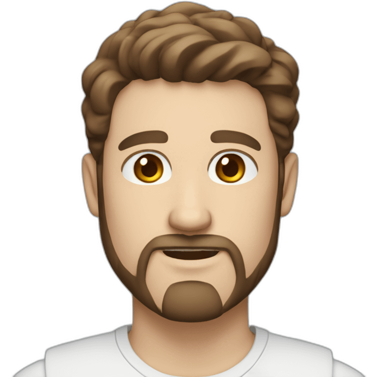 white man with blue eyes, medium long brown hair with mustache plus goatee emoji