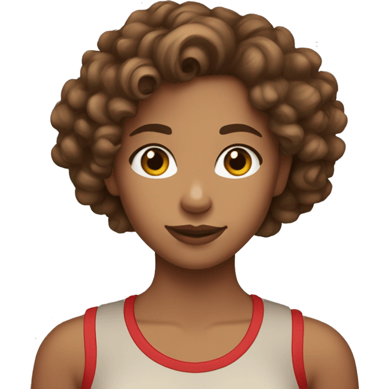 Tan girl with curly brown hair, brown eyes, hoop earrings, and a red tank top emoji