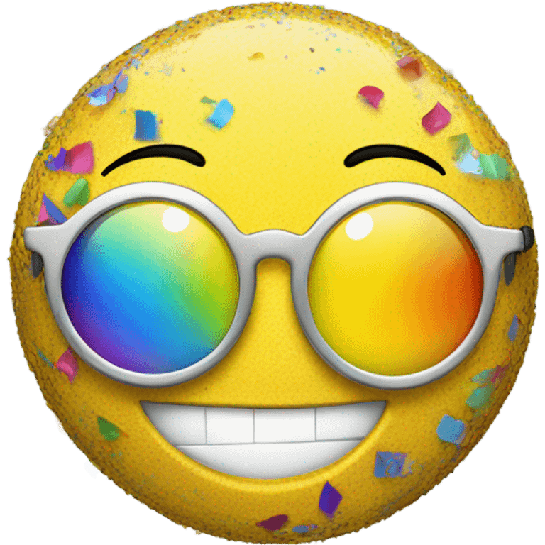 Bright, yellow, circular face, smiling wearing sunglasses with colorful confetti, reflected in them emoji