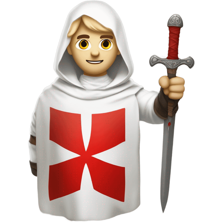 Bare headed blond haired Masonic knight Templar wearing a white tunic with a Red Cross on the front and a white mantle with a hood with a Red Cross on the left side and a male face with a red cap and holding a sword. emoji