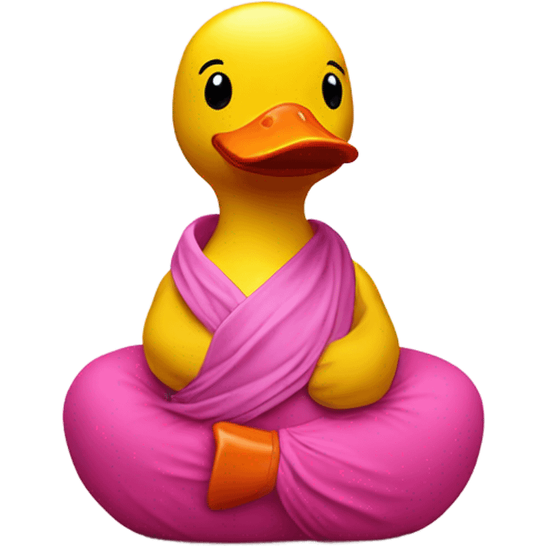 Praying Side view of yellow rubber duck with a pink bandana doing yoga emoji