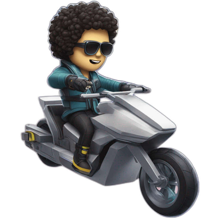 white guy with sunglasses and dark hair holding excalibur riding a hoverbike in space on a rainbow emoji