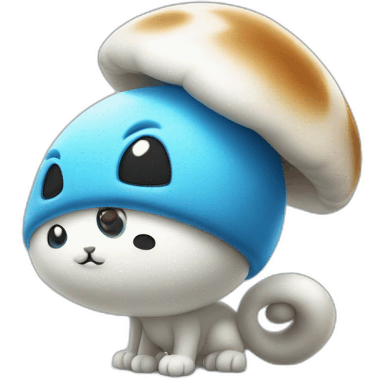 Blue smurf cat with large black eyes wearing a large white mushroom on his head casting a show on his face with a neutral face emoji