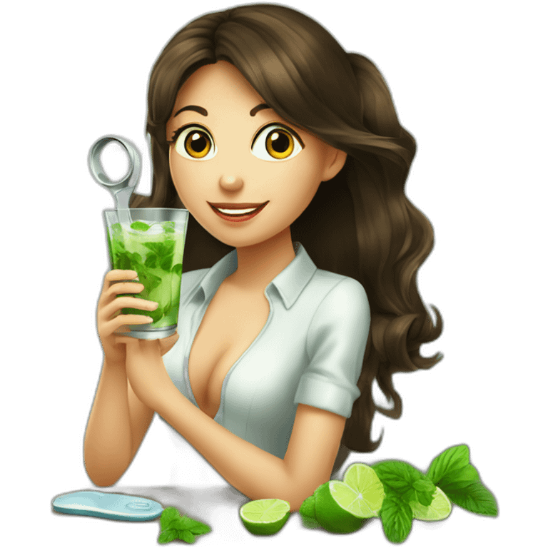 brunette girl with magnifying-glass drinking mojito emoji