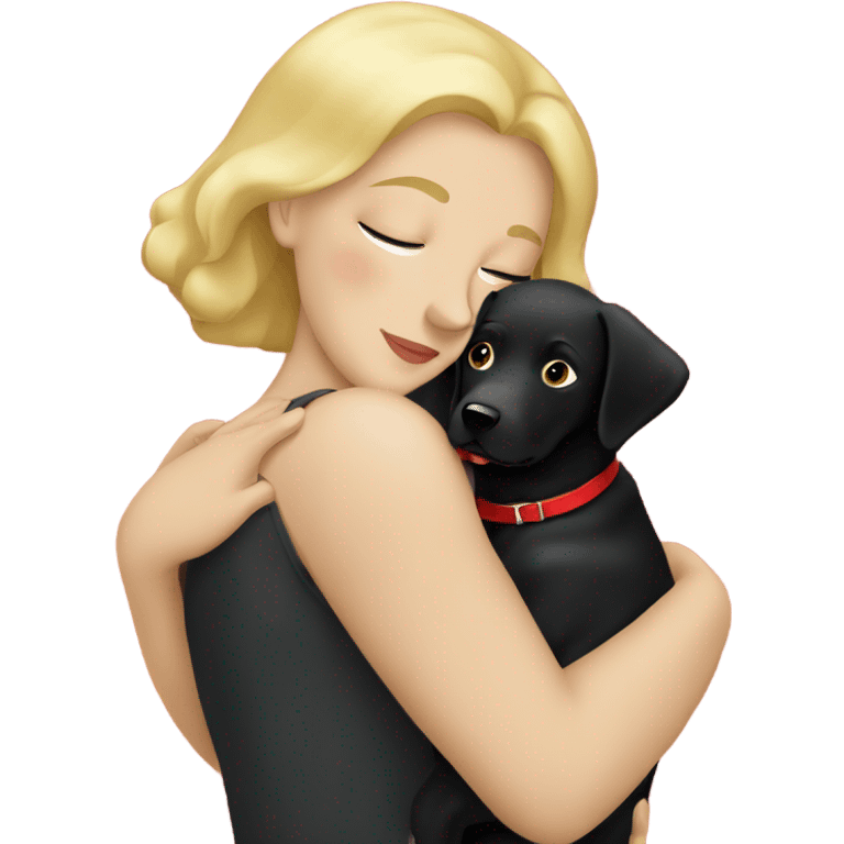 Blonde lady cuddling a black Labrador with a red collar  emoji