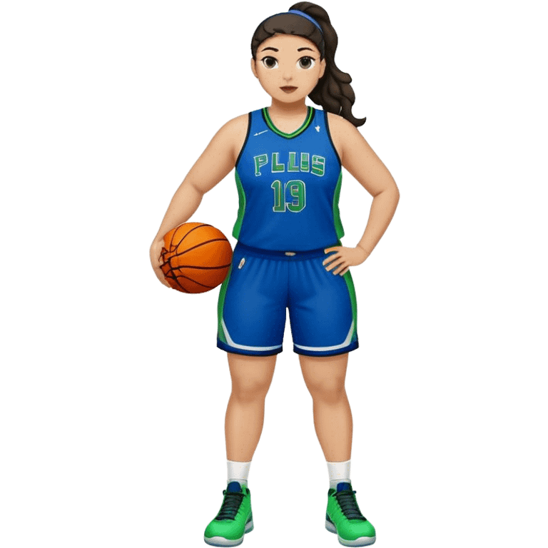 full body plus size light skin  latino women basketball player with wavy dark hair in pony tail wide nose wearing blue uniform with green accent emoji