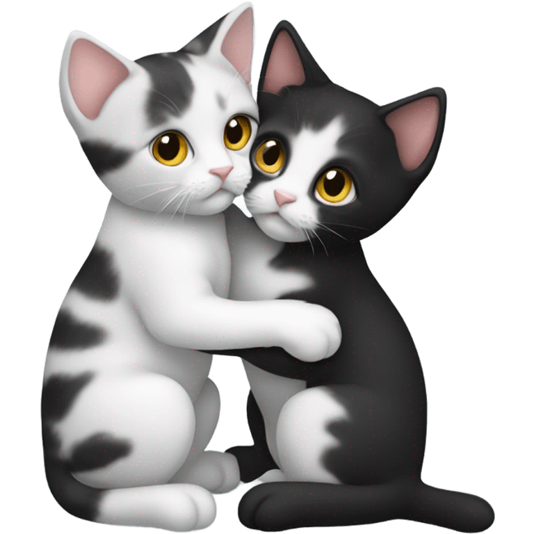 two kittens hug each other, they are different colors, one is black, the other is white, they look straight ahead emoji