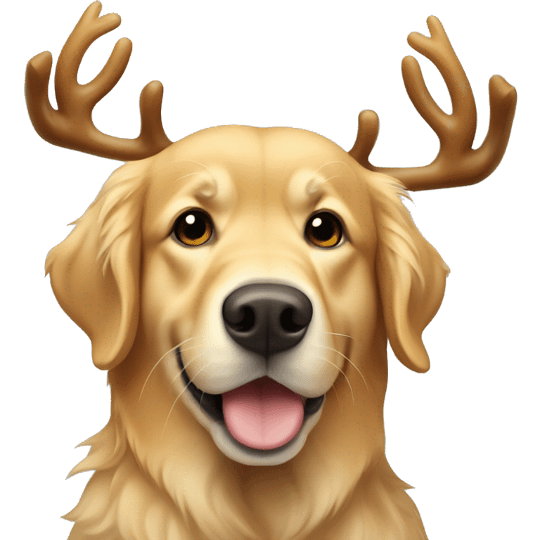 Golden retriever wearing reindeer antlers emoji