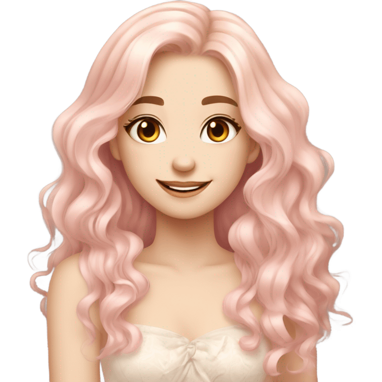 Pretty girl with long wavy light peachy pastel pink hair, pale skin, brown doe eyes, light makeup, smiling gently, beautiful, dress, gentle  emoji