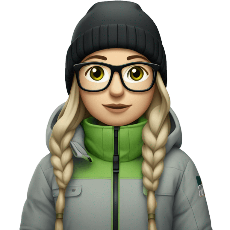 Green-eyed, slightly overweight female skier with long straight hair, glasses, light grey snow jacket, long black pants, black only snow boots, wearing black skis standing tall. emoji