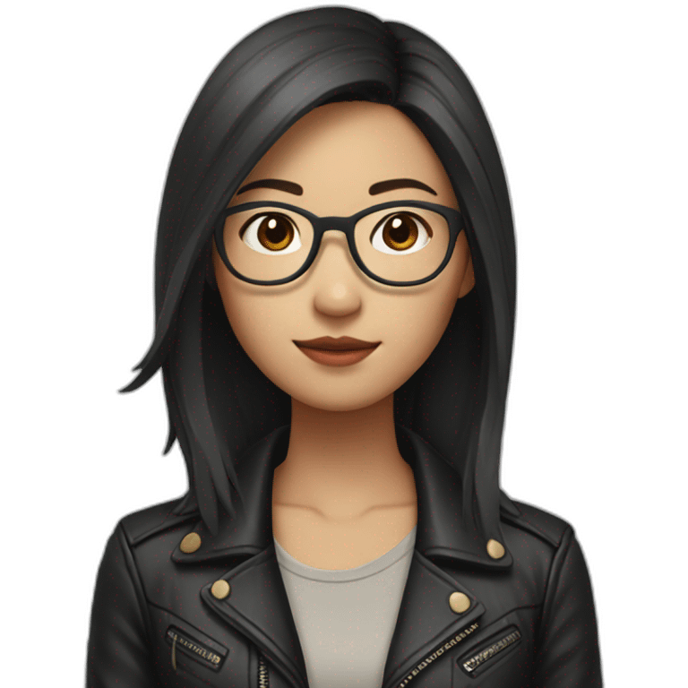 asian girl with glasses and a leather jacket with a shirt and long dark hair emoji