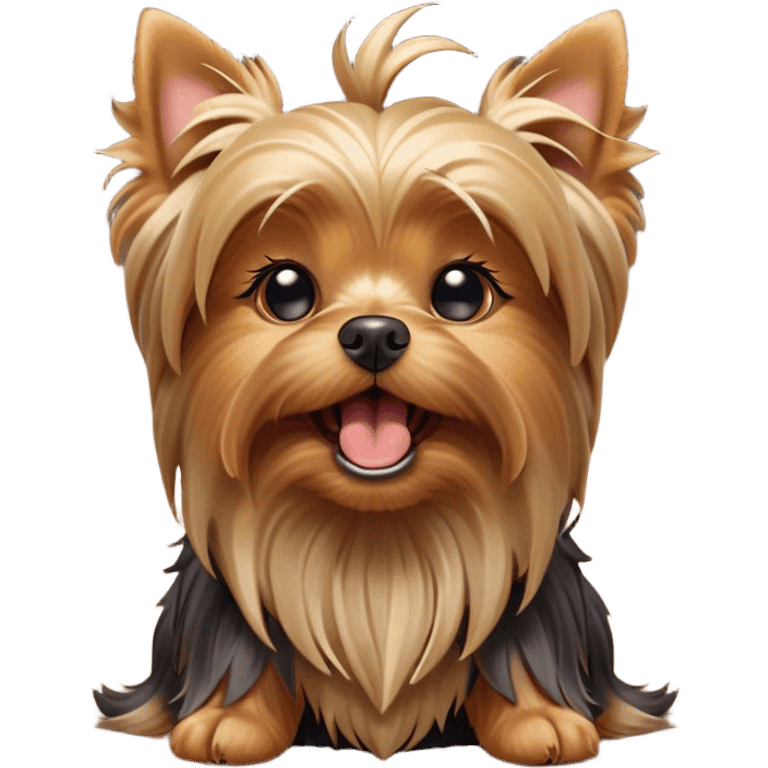 Cinematic Cute Yawning Yorkshire Terrier Portrait Emoji, Head tilted with a playful, drowsy expression and droopy, adorable eyes, featuring a soft, well-groomed fur in rich hues, simplified yet irresistibly endearing, highly detailed, glowing with a warm, cozy radiance, high shine, exuding a relaxed yet spunky charm, styled with a gentle, soft glowing outline, capturing the essence of a Yorkshire Terrier mid-yawn that seems as if it could cuddle right off the screen! emoji