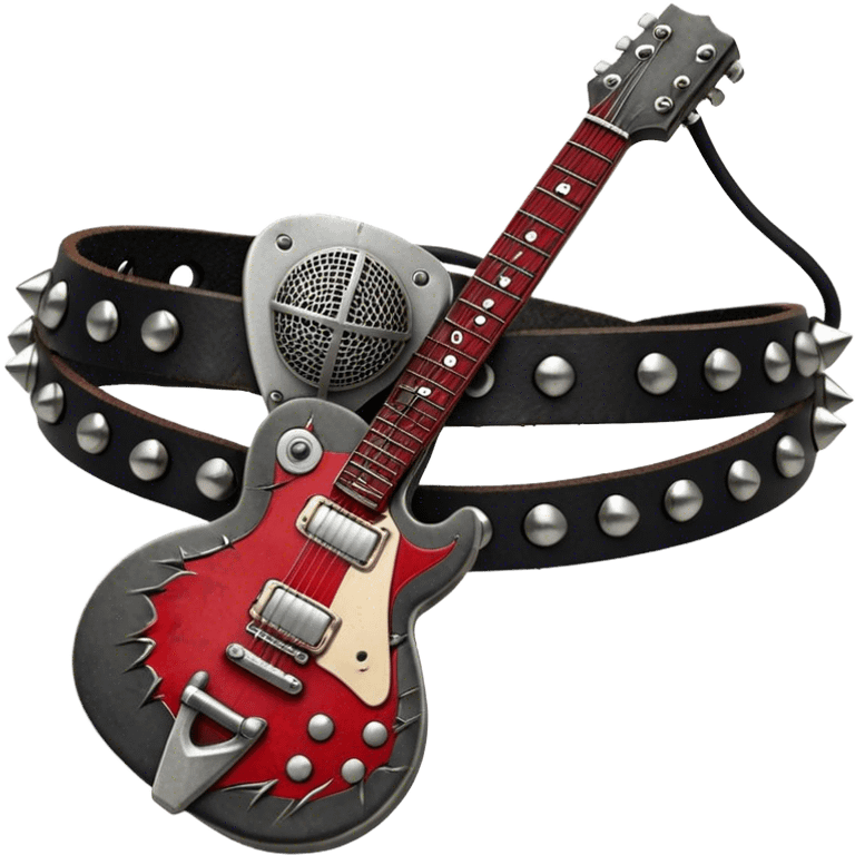 Create a powerful and dynamic humanless emoji representing rock vocals. The design should feature a classic vintage microphone with a rugged, distressed look, surrounded by elements like a guitar pick, electric guitar neck, and sound waves to reflect the raw energy of rock music. Add subtle details such as a spiked bracelet, leather textures, or bold lightning bolts to evoke the rebellious and intense spirit of rock. Use dark, edgy colors like black, red, silver, and metallic accents to emphasize the fierce, loud, and passionate nature of rock vocals. The background should be transparent. emoji