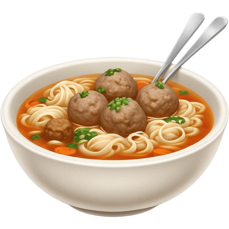 Cinematic Realistic Bakso Dish Emoji, showcasing savory meatball soup with noodles rendered with detailed textures and warm, inviting lighting. emoji