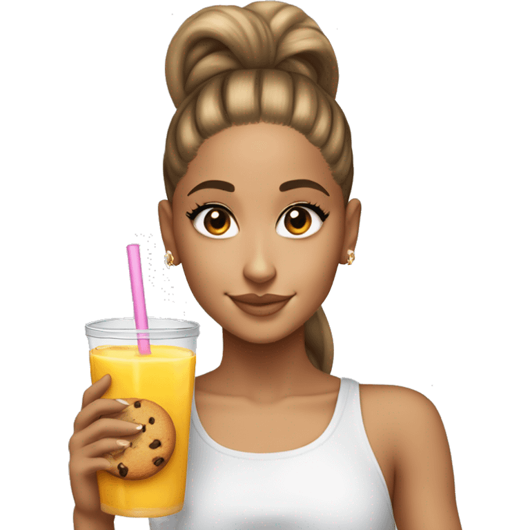 ariana grande with a high ponytail holding a glass of juice and a cookie  emoji