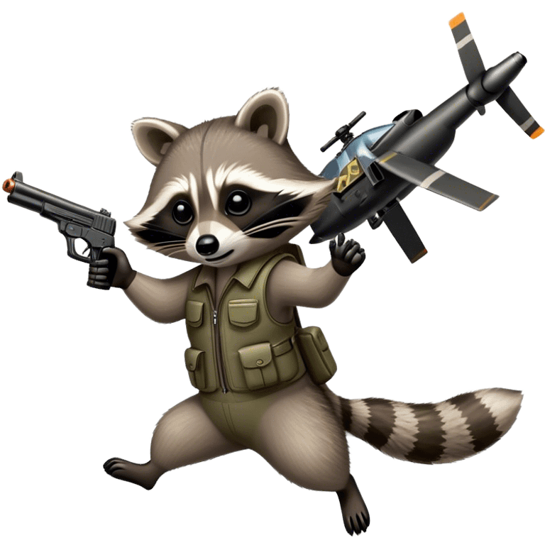 Raccoon flying helicopter, shooting a gun emoji