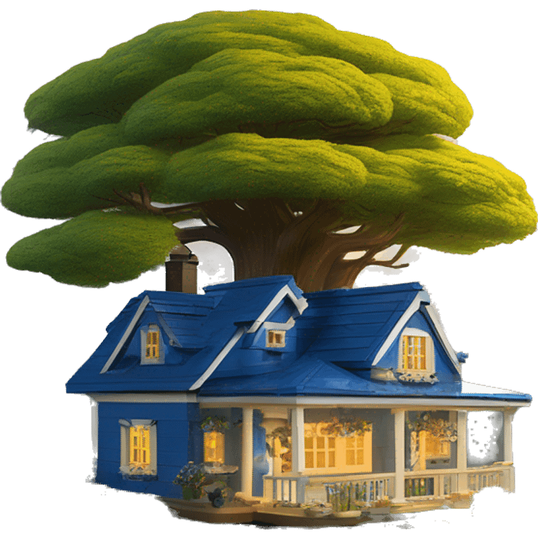  very very big Lego Cabin near a big tree.  Thick moss growing on the roofs. grass fields. porch lights turned off. bright white interior lights turned off. guests sitting in chairs on the porch, flowers and bushes are yellow and blue. emoji