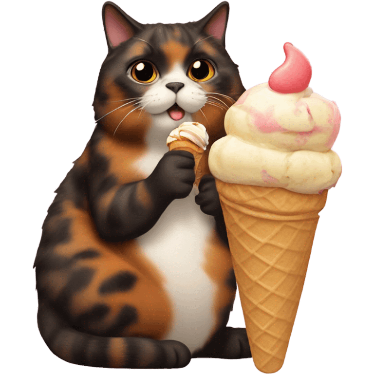 Fat Tortishell cat eating ice cream emoji