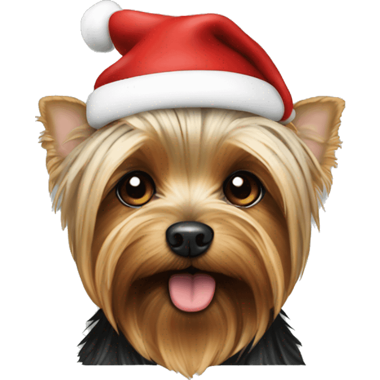 Yorkie wearing a Santa hat emoji