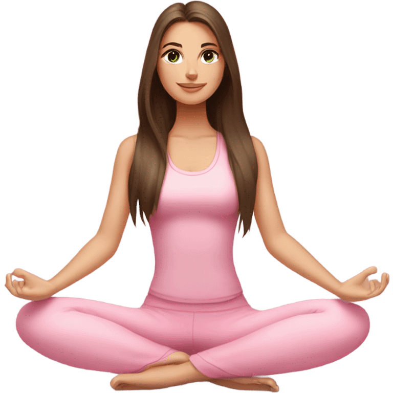 Brunette long hair and green eyes yoga beautiful girl in light pink pink pink clothes sitting on a yoga mat emoji