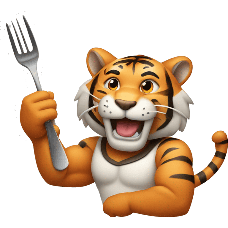 a muscular smiling tiger holding a fork with the tip of its paws that has a fillet of salmon  emoji