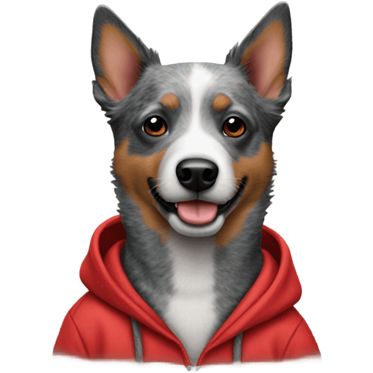 Blue heeler wearing a red hoodie emoji