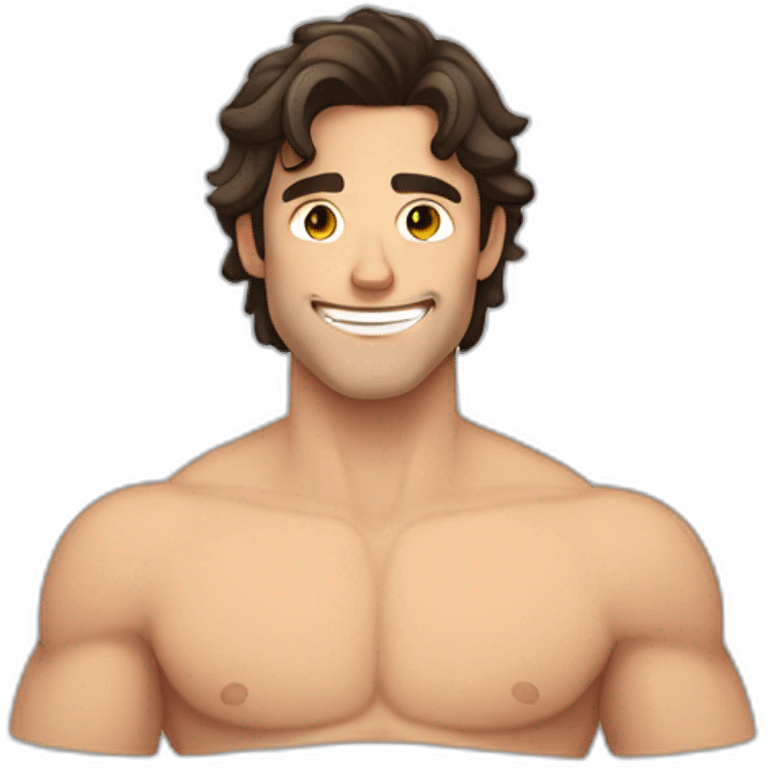 white guy with wet dark brown hair and brown eyes smiling with his mouth closed and shirtless with slightly muscles emoji