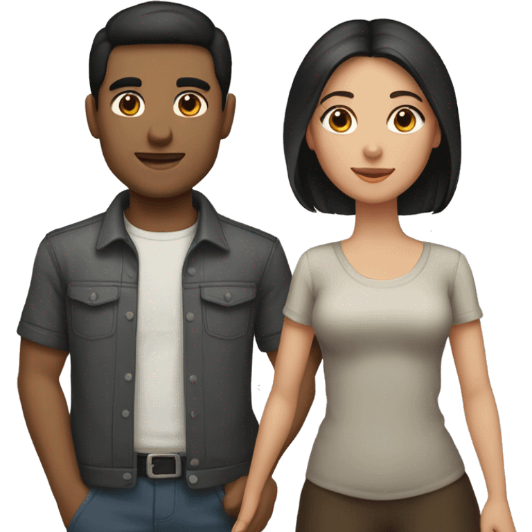 Man and a woman together. The man has short dark hair with brown eyes, the girl is with the long dark hair, her eyes are black. They are loving each other  emoji